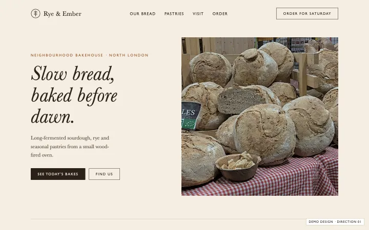 Option 1: Classic bakehouse home page for the example brand