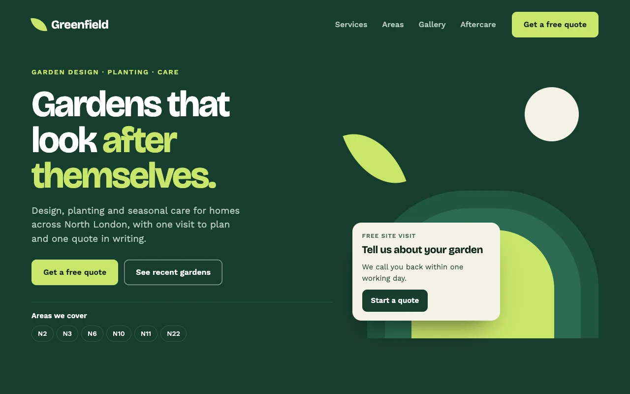 Illustrative design concept: garden services website with areas covered and a free quote request