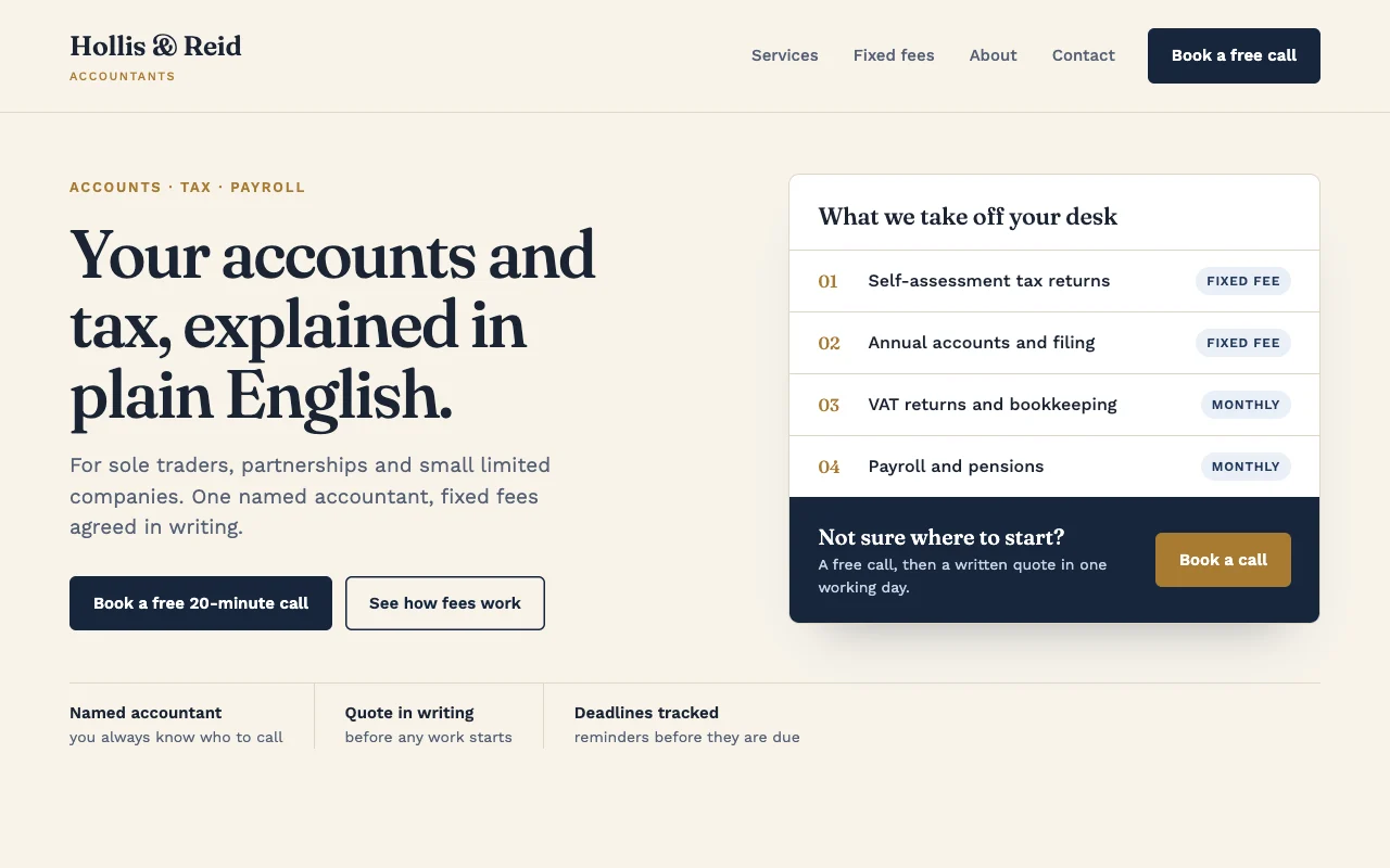 Illustrative design concept: accountancy website with a plain-English services list and a call to action