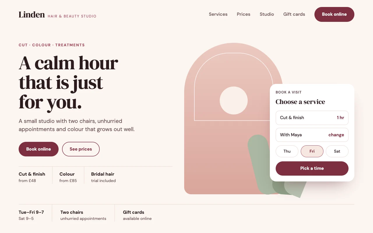 Illustrative design concept: hair and beauty studio website with an online booking card