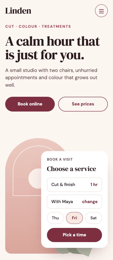 Illustrative design concept: a hair studio website on a phone, with a booking card