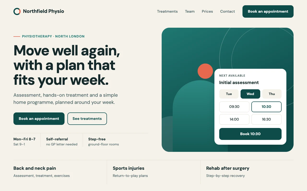 Illustrative design concept: a physiotherapy clinic website with an appointment booking panel